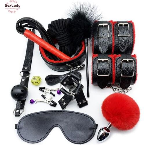 SexLady Nipple Clamps Set Erotic Rope Sex Handcuffs Whip Collar Gag BDSM Set Erotic Rope BDSM Bondage Anal Butt Plug Tail Slave