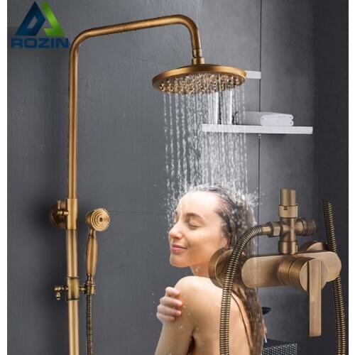 Antique Brass Shower Faucet Set Single Handle Bathroom Faucets Wall Mount Rainfall Mixer Taps with brass hand shower Bath Mixer