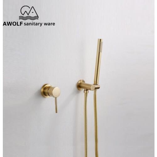 Bathroom Shower Set Wall Mounted Brushed Gold Modern Simplicity Solid Brass 2 Pcs Shower Head Concealed Mixer Shower Bath AH3026