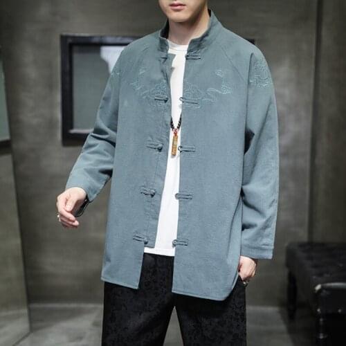 2021 Autumn Chinese Style Mens Cotton Linen jacket Embroidery Tang Suit Hanfu Chinese Style Coat Mens Long Sleeve Stand Collar