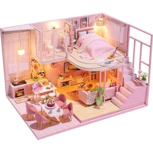 Pink Princess Loft DIY Dollhouses Kit Assembled Miniature with Furniture Casa Cute Doll House Toys for Children Adult Gifts