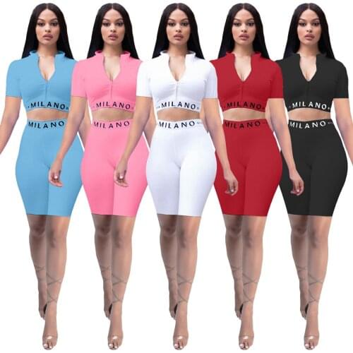 S-2XL two piece set summer 2021 casual sport solid color short sleeve zipper V-Neck top and short yoga outfit Dropshipping