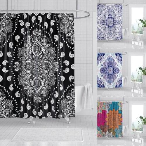 Mandala Flower Printed Fabric Shower Curtains Bohemian Bath Curtains Waterproof Bathroom Decoration with Hooks