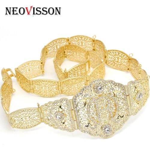 NEOVISSON Gold Color Algeria Women Belt R Ethnic Wedding Dress Jewelry Full Rhinestone Metal Chain Wholesale