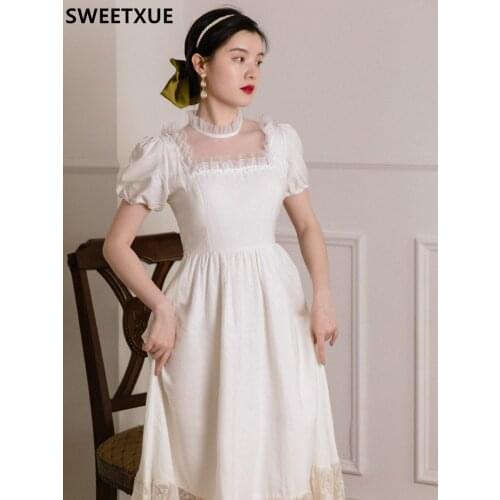 SWEETXUE Summer Female Retro Square Neck Puff Sleever Fairy Princess Lolita Fashion Lace Mesh Patchwork Elegant Party Dress Lady