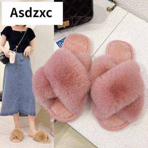 Autumn Winter Faux Fur Slippers Warm Fluffy Home Slippers Women Cozy Slides Ladies Soft Furry Flat Shoes Woman Indoor Slipper