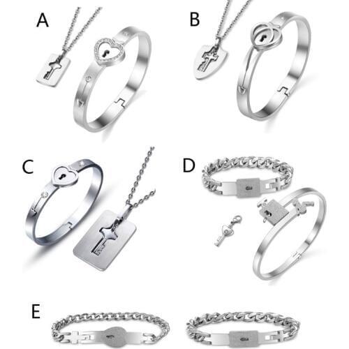 Titanium Steel Heart Lock Key Jewelry Set Bracelet Necklace Lover Couple Jewelry