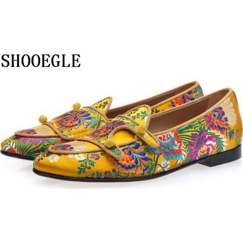 SHOOEGLE Men Luxury Mixed Colors Embroidered Floral Prom Wedding Shoes Slip On Casual Handmade Shoes Buttoned Men Silk Loafers