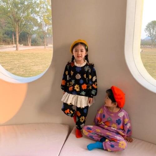 High quality 2021 spring autumn new kids clothes sun flower lace patchwokr suit casual brother and sister set suits wz171