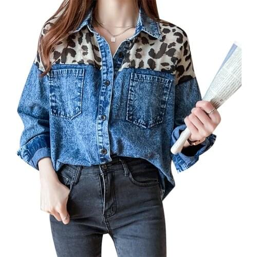 Stitch Leopard Denim Spring Autumn Feminina WomenS Vintage Long Sleeve Top Blouse Fashion Clothes 2020 D0606