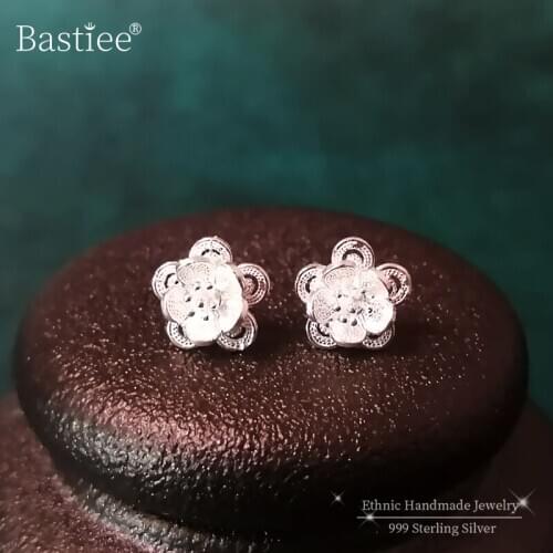 Bastiee Flower 999 Pure Silver Stud Earrings For Women oorbellen Earing Hmong Handmade Luxury Jewelry Small brincos Anti Allergy