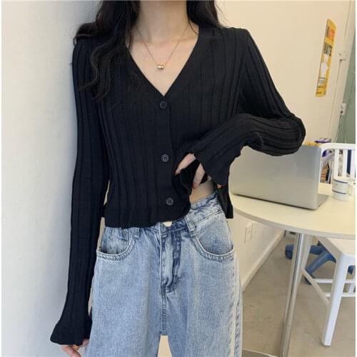 Woman Sweaters Cardigan Early Autumn Long Sleeves Knitwear V-neck Short Top Bell Sleeve Women Sueters De Mujer