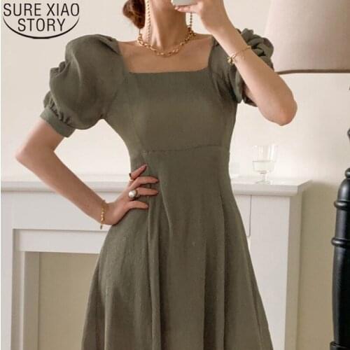 Elegant Square Collar A Line Maxi Long Dress Women Cotton Dress Fashion Puff Sleeve Summer Party Dresses Solid Vestidos 14720