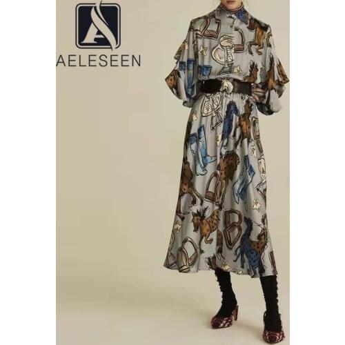 AELESEEN Runway Fashion Summer Women Dress 2021 Turn-Down Collar Blue Animal Print Elegant Long Dress
