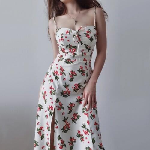 Women Sweetheart Neckline Tie Straps Floral Print Dress With Side Slit And Seam Bust Details