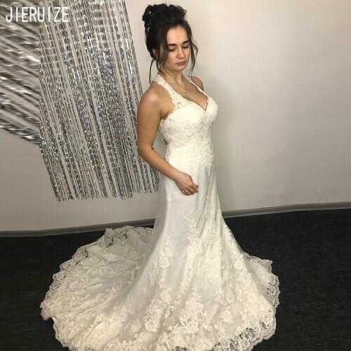 JIERUIZE Fashion Mermaid Wedding Dresses 2020 Halter Neck Lace Appliques Keyhole Back Bridal Gowns Vestido De Novia Bride Dress