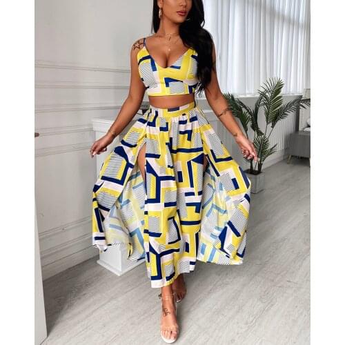 2021 Summer Two Pieces Holiday Women Geo Pattern Colorblock Sexy Crop Top & High Slit Maxi Skirt Set 2PCS Boho Style Beachwear