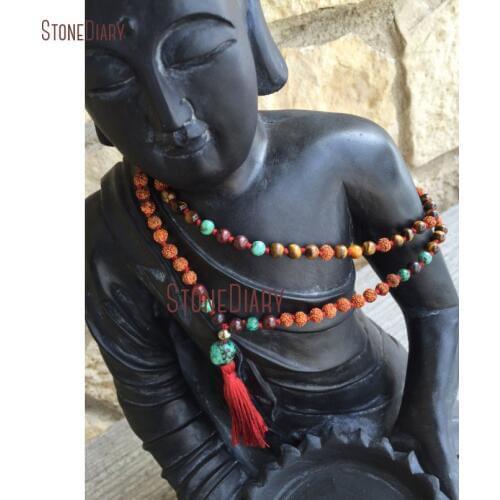 40inch Long 108 Beads Mala Necklace Handmade Knotted African Turquoises & Rudraksha Tassel Beaded Necklace NM11031