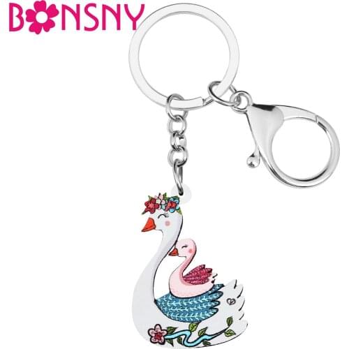 BONSNY Mothers Day Acrylic White Sweet Swimming Ducks Keychains Ring Fashion Key Chain Charms Gift Jewelry For Women Girls