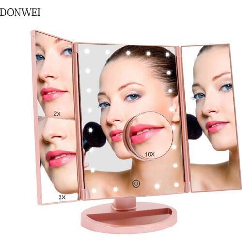 DONWEI 22 LED Touch Screen Makeup Mirror 1X 2X 3X 10X Magnifying Mirrors 4 in 1 Tri-Folded Desktop Makeup Mirror Lights