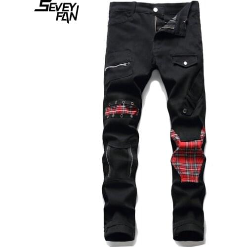 Mens Cargo Jeans Fashion Zipper Plaid Patchwork Slim Hip Hop Denim Pants New Design Button Bandage Cotton Casual Jean Trousers