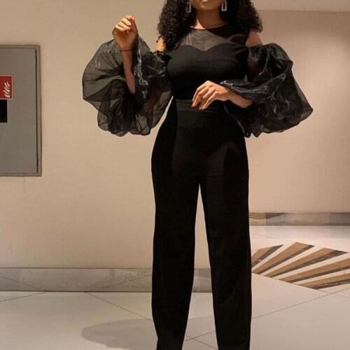 Elegant Ladies One-Piece Vacation Overall Female Bodysuit Black Patchwork Lantern Sleeves See Through Jumpsuits