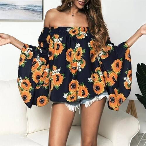 Summer Sexy Off Shoulder Flower Print Flare Sleeve Shirt Women Fashion Stylish Streetwear Vintage Loose Casual Plus Size Top Tee