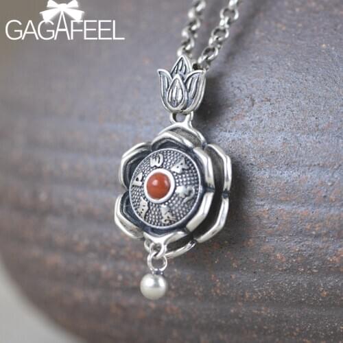 GAGAFEEL S925 Sterling Silver Pendant Ethnic Craft Jewelry Six Word Eight-petal Lotus Prayer Thai Silver Chain Earrings Jewelry