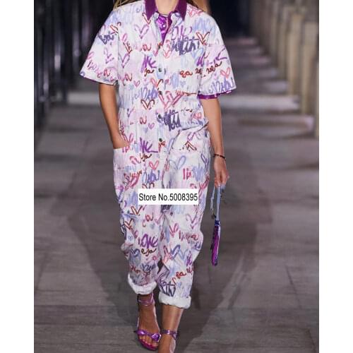 Woman Cotton Linen Graffiti Printed Short Sleeves Jumpsuit Oversized Waist Belt Front Big Pockets Fashion Long Pants Overalls