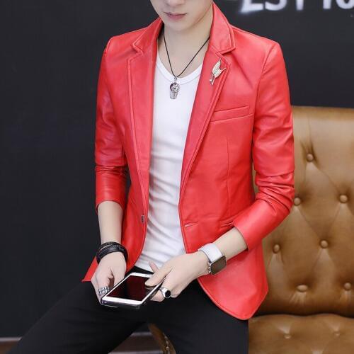 New Mens Casual PU Leather Short Jacket One Button Slim Fit Coats Lapel Black White Red M-2XL Jackets A23