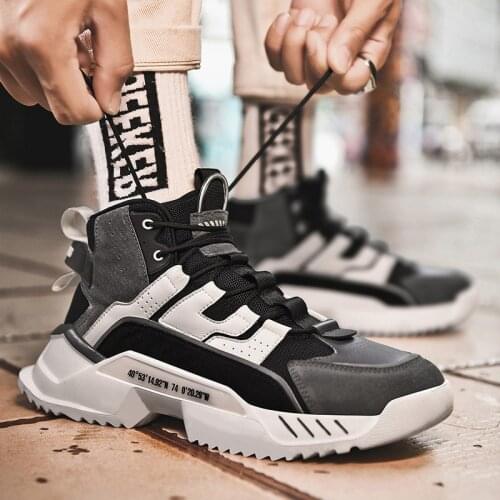 2021 spring cross-border new style pigskin + mesh stitching trendy mens shoes breathable high-top fashion trend casual shoes