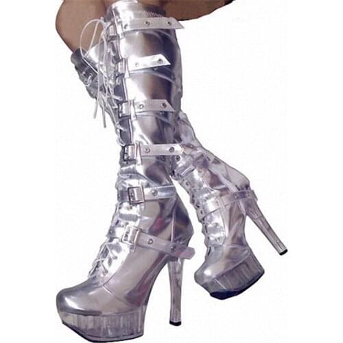 15cm wholesale Sexy Knee High Boots PU Leather Round Toe high heels jackboots pumps shoes sexy dance shoes