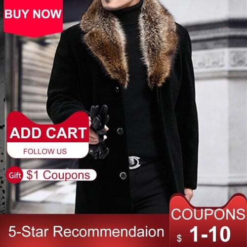 New Winter Mens Long Woolen Coat Fur Collar Warm Autumn Overcoat Male Solid Slim Casual Windbreaker Jacket Outerwear Top Black