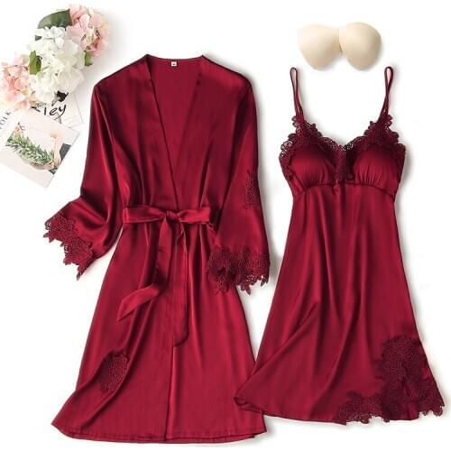 Sexy 2PCS Robe Gown Sets Womens Satin Lace Flower Nighty Bathrobe Sleep Suit Chest Pads Sleepwear Nightgown Home Wear Clothes