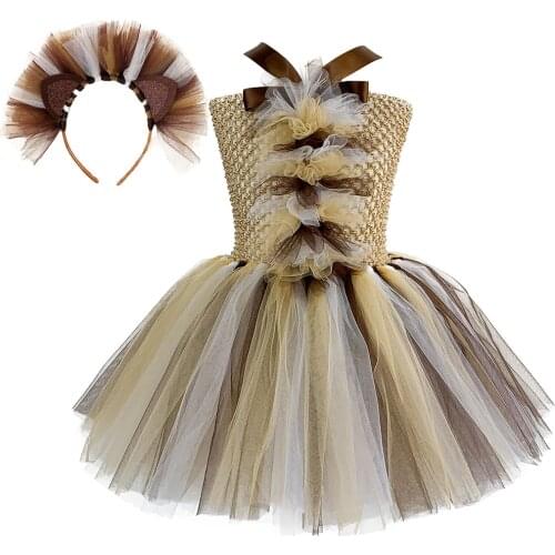Lion Tutu Dress for Girls Halloween Dress Up Clothes Kids Zoo Animal Costume with Headband Child Birthday Carnival Pageant Party
