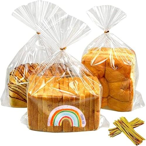 50/100sets Transparent Plastic Bag Bread Candy Lollipop Packaging Bags Cellophane Treats Bags with Twist Tie Rainbow Stickers