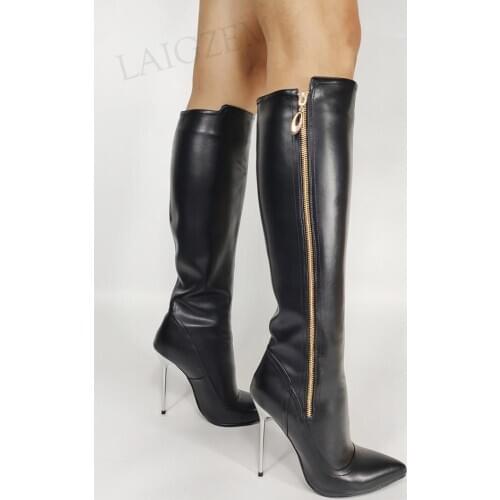 LAIGZEM Women Knee High Boots Metal Stiletto Heels Faux Leather Boots Side Zip Ladies Shoes Woman Bota Feminina Size 34 38 39 43