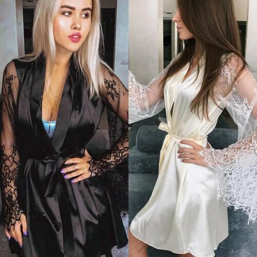 Sexy Midnight Romance Lingerie Lace Short Women Deep V Robes Bathrobe Pajamas