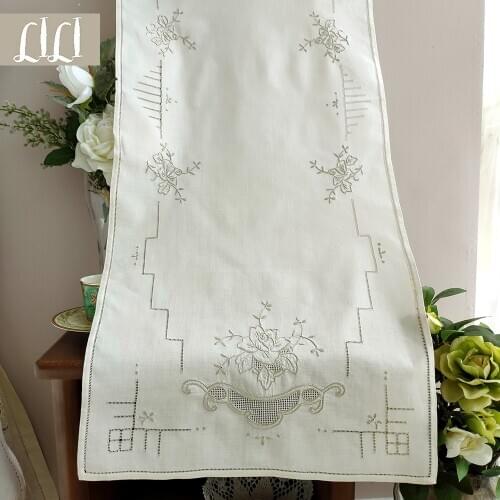 Hand-embroidered Drawnwork beige Cotton Tablecloth