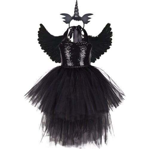 High Low Black Tutu Dress for Girls Cosplay Witch Costume Evening Birthday Party Dresses Kids Halloween Costumes Outfits