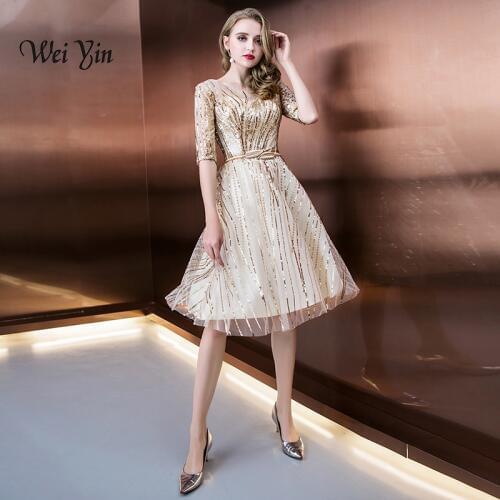 Weiyin O-neck Half Sleeves Cocktail Party Dress A Line Sequin Knee Length Elegant Lace Dress Formal Party Dress WY876