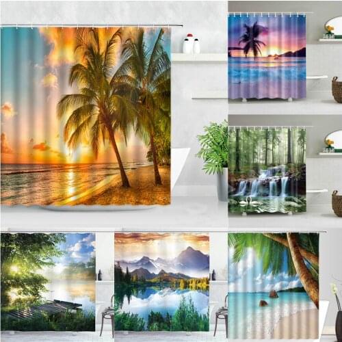 Dusk Sunset Beach Shower Curtains 3D Tropical Ocean Palm Tree Scenery Printed Home Decor Waterproof Fabric Bathroom Curtain Set