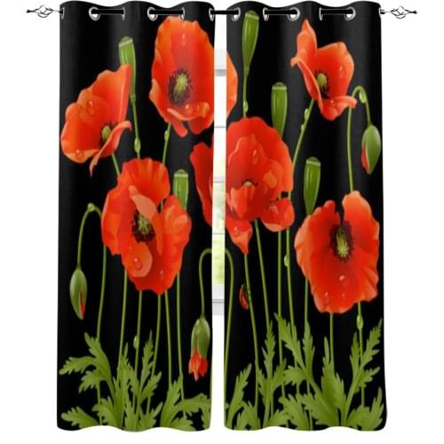 Poppies Black Background Window Curtains for Living Room Home Decor Child Bedroom Kitchen Curtains Drapes