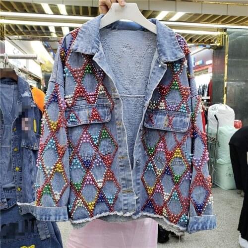 Colorful Pearl Beaded Denim Jacket Women 2021 New Loose Burrs Jeans Coat Female Outwears Casaco Feminino