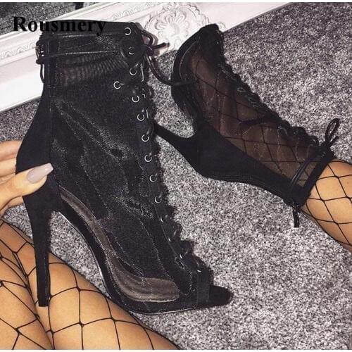 Western Style Women Fashion Open Toe Mesh Perspective Gladiator Short Boots Black Nude Lace-up High Heel Ankle Boots