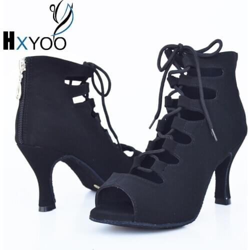 HXYOO Women Professional Latin Tango Flannel Dance Shoes Black Blue Cut-Outs Ladies Salsa Ballroom Red Purple Shoes WK038