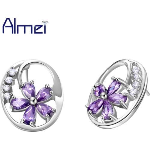 Almei Flowers Crystal Fianit Stud Earrings For Women Girls Fashion Blue/Purple Cute Earring Silver Color Bijoux Jewelry R471