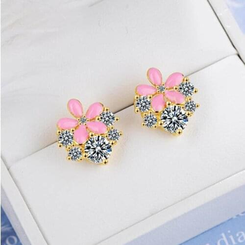 2019 Charm Gold Stud Earring For Women Cute/Romantic Zircon Pink Flower Earring For Trendy Girl Jewelry Engagement Accessories