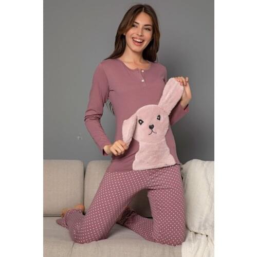 Cathi&White Womans pajama set, sleepwear, cotton, lycra, buttoned, rabbit pattern dm59515