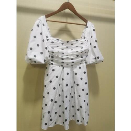 2021 Summer Women Pleated Robe Dot Puff Sleeve Square Collar Backless Female Mini Dresses